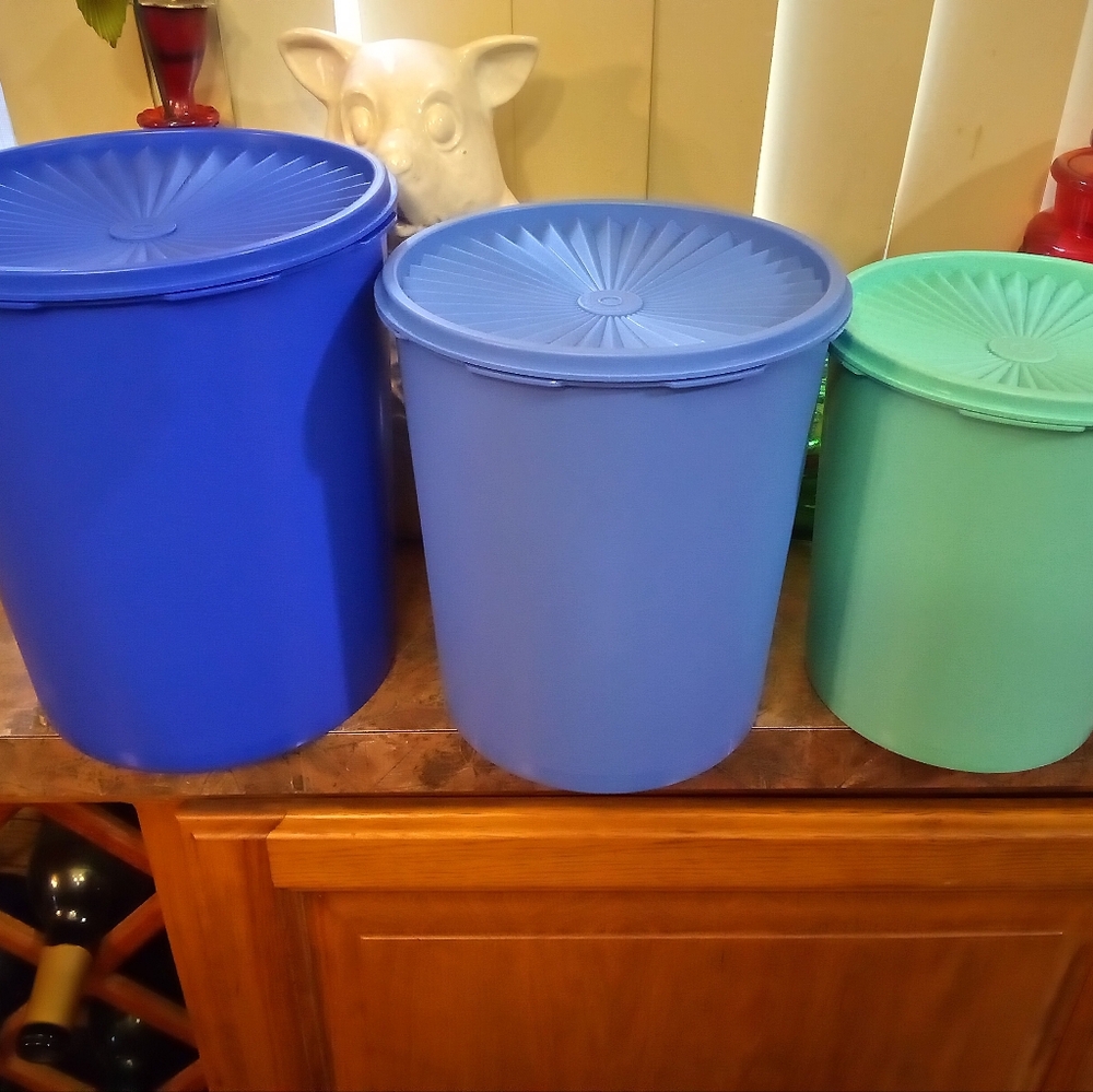 Blue and Teal Plastic Tupperware Storage Bins with Lids - Set of 3